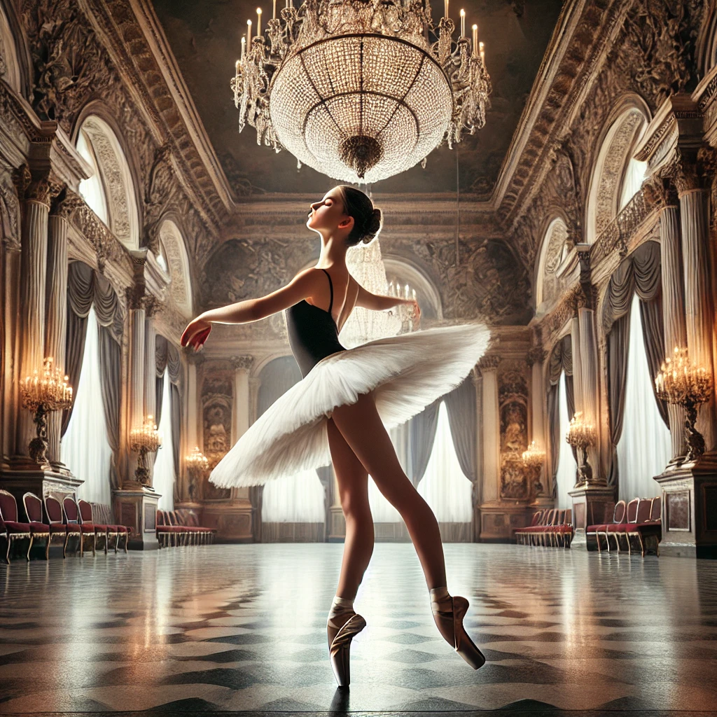 Una bailarina realiza un giro sobre la punta de sus pies en un amplio salón de baile. Lleva un tutú blanco y un traje negro, mientras que el salón está decorado con grandes candelabros, cortinas y paredes adornadas.